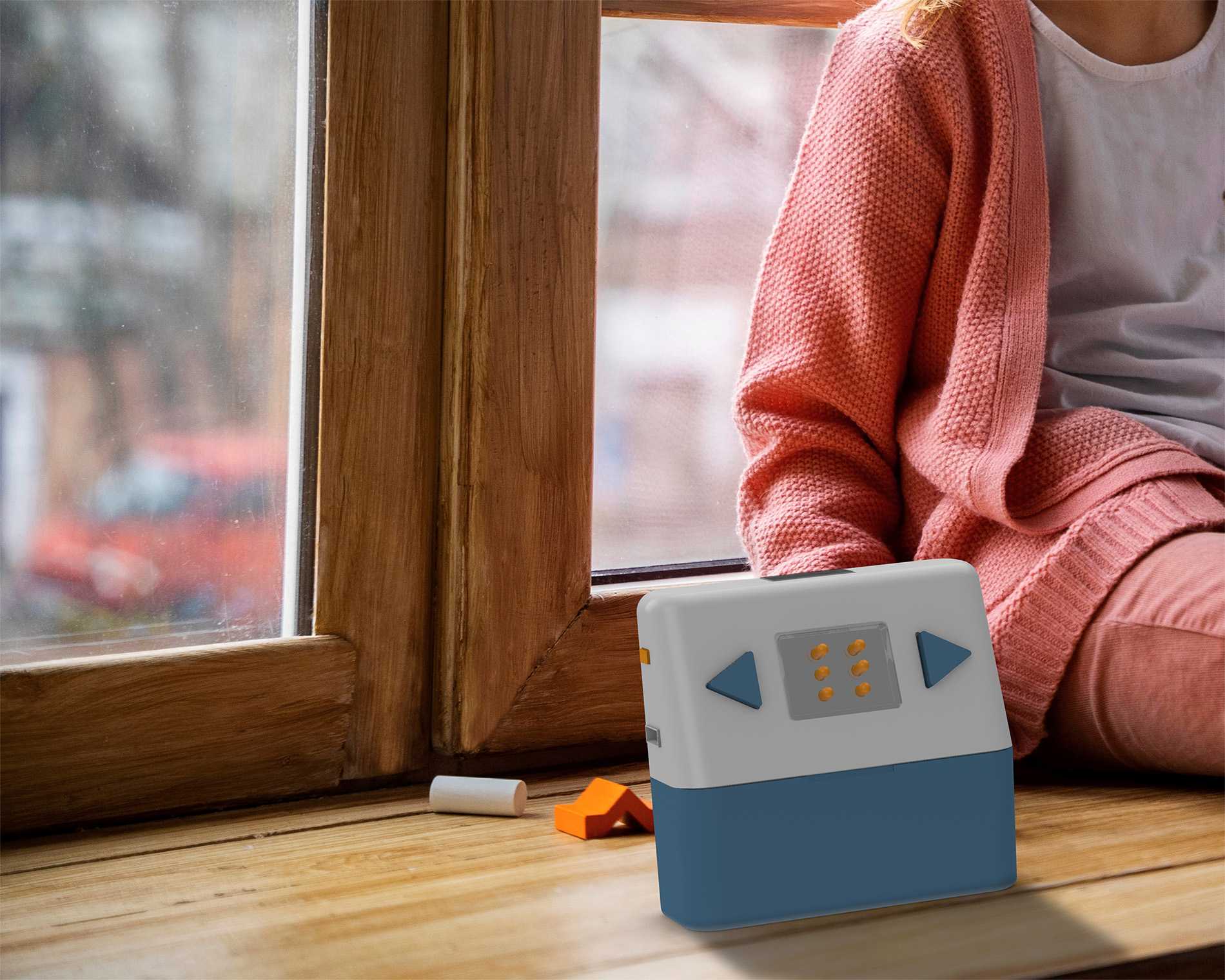 LUI is a device for visually impaired and blind children for early learning activities and braille. The product helps the user to learn basic uncontracted, Grade 1 type of braille through six standardised braille cells. Physical interaction with the product is also encouraged through the use of learning cards which are stored and accessed integrally.