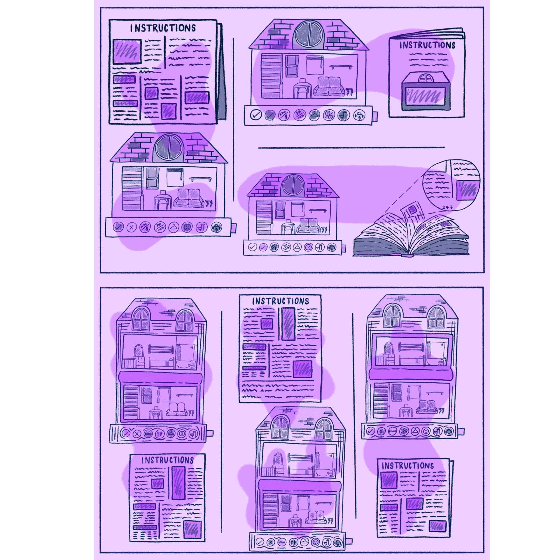 Double page spread response to a project: Love letter to nostalgia. Based on Pixel Chix, a life simulation game for young children, that my sister and I had growing up. The more instructions and functions means the older the character in the game gets.