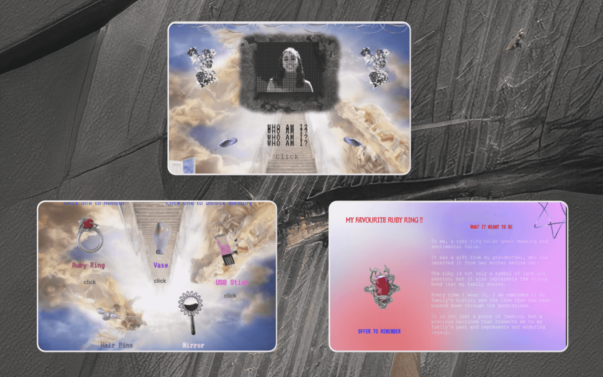 Lily's online memorial features screens that showcase her persona, including her biography and five cherished objects that held sentimental value and memories from the physical world. 3D objects designed by Liuba Arutiunova.
