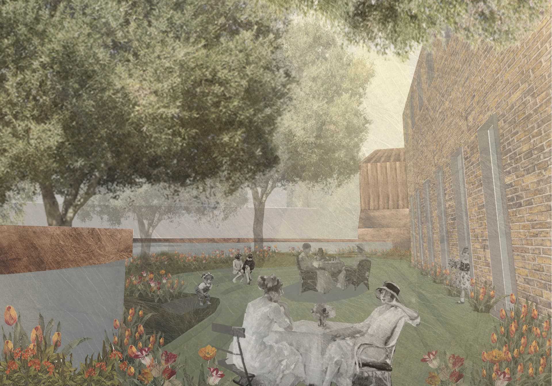 A view of an outdoor social area with the co-working pods and the existing building surrounding it.