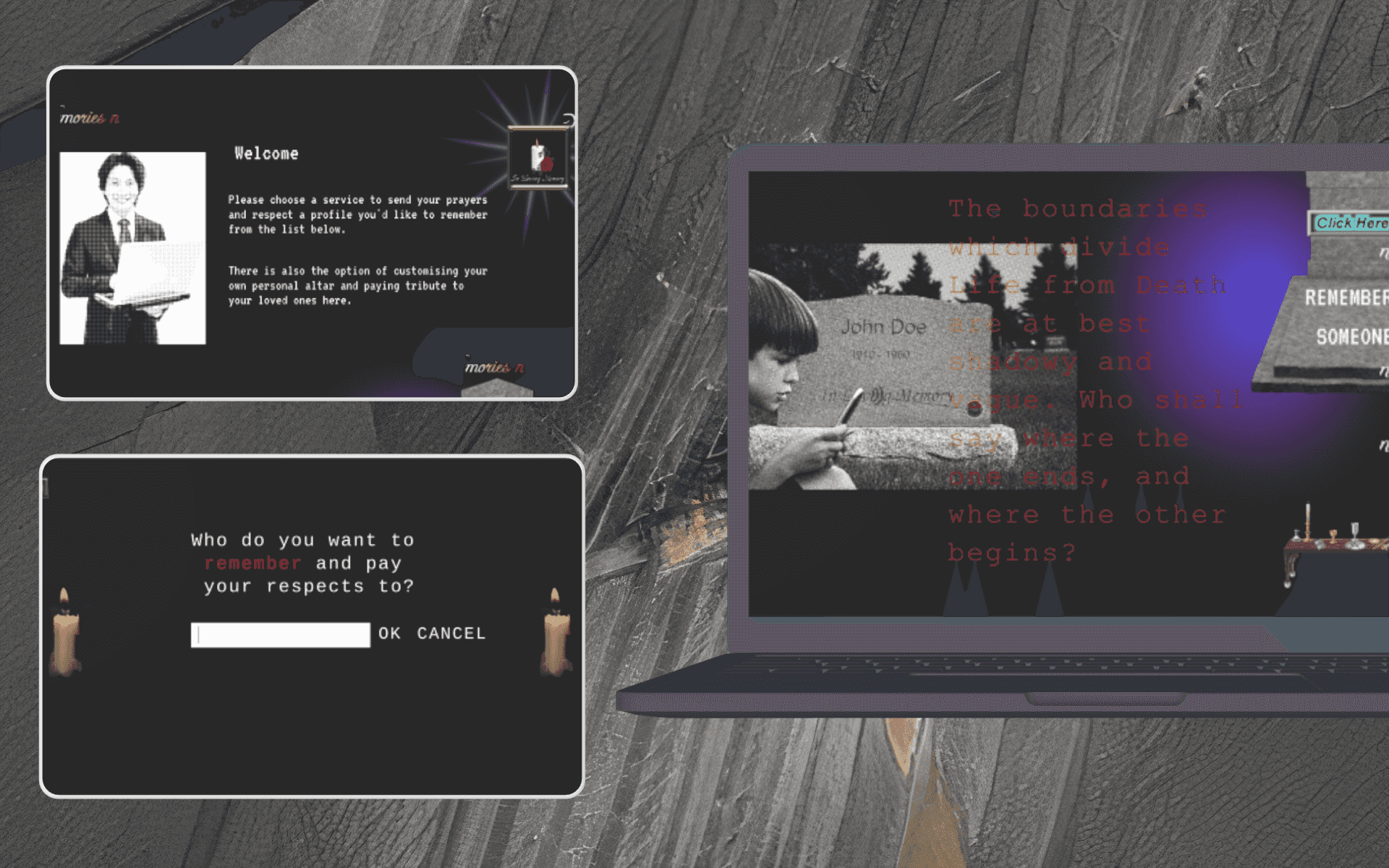 This proposal aims to explore the connection between death, spirituality, and cultural practices of remembrance. Through extensive research and collaborative work, the intention is to create an exhibition storytelling installation and web design service that allows users to commemorate their loved ones. Each profile will include personal objects, which users can click on to unlock the associated sentimental stories. Additionally, as a digital act of remembrance, users will have the option to offer these objects to the profiles of deceased individuals.