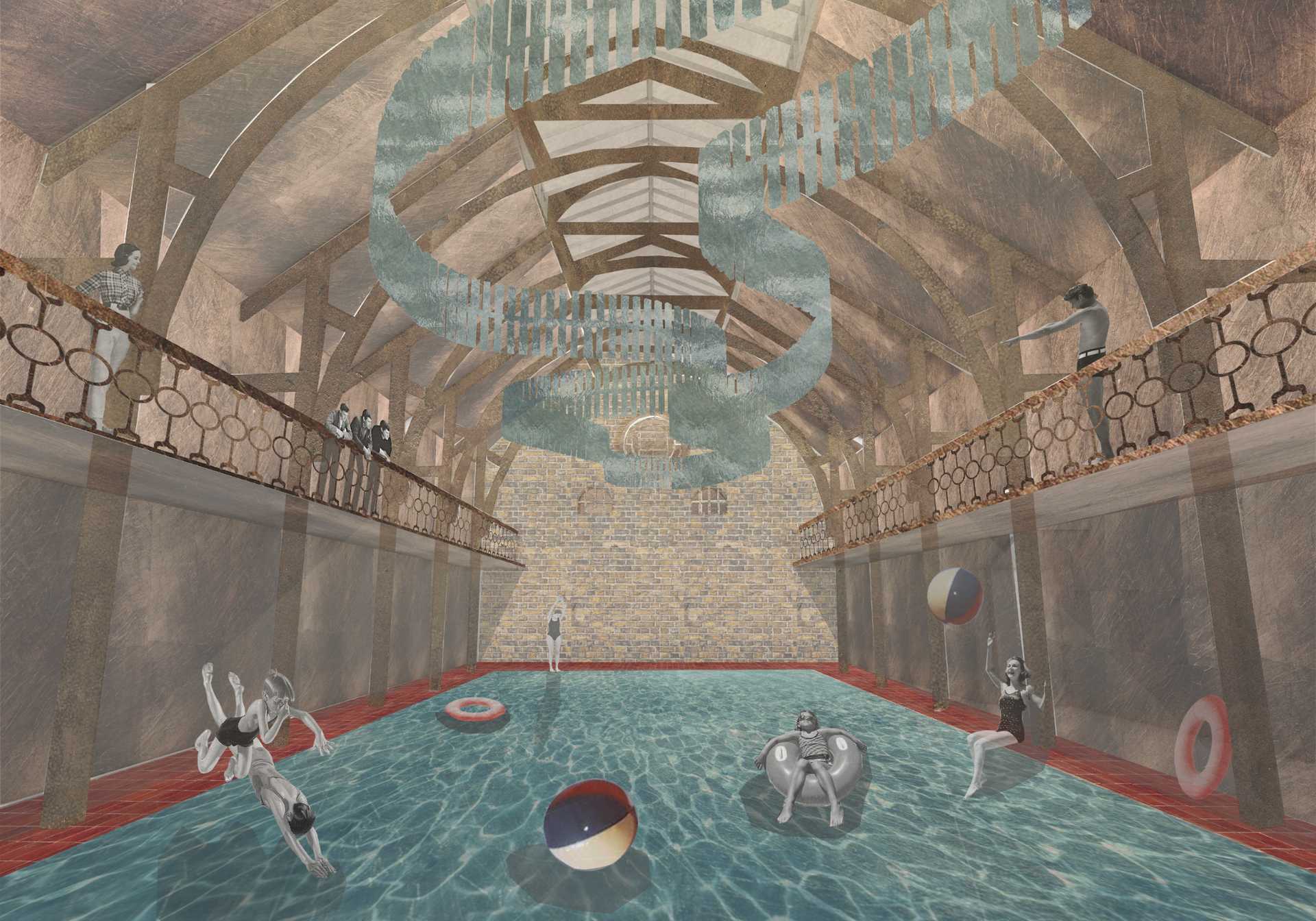 Interior view of the conserved swimming pool.