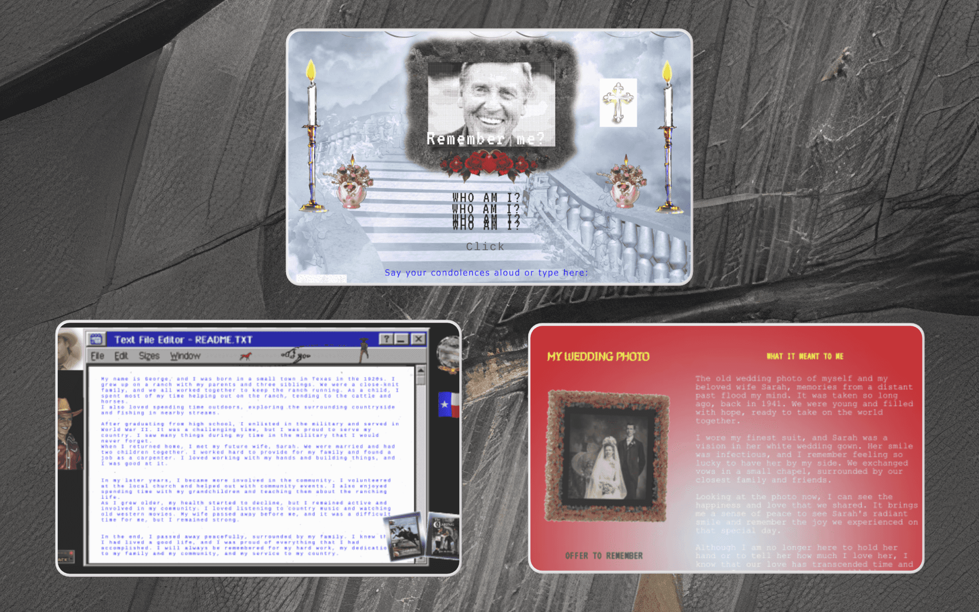 George's online memorial features screens that showcase his persona, including his biography and five cherished objects that held sentimental value and memories from the physical world. 3D objects designed by Liuba Arutiunova.
