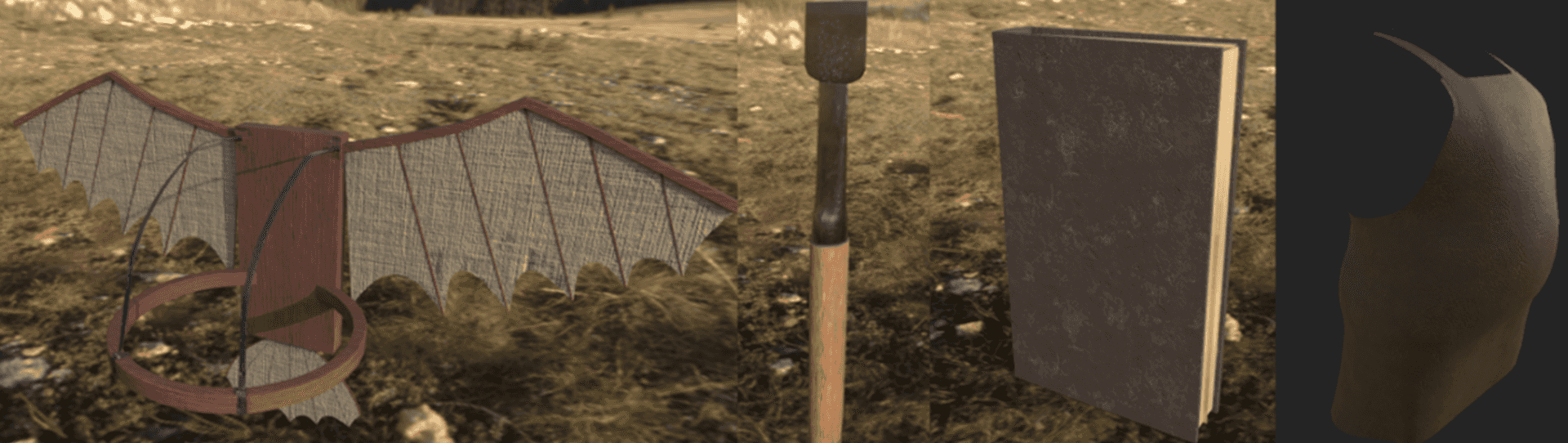 The Gnome character has a strap-on basic glider system (a first prototype for testing), along with his chisel, book and apron (which he wears and equips at the front of his outfit).