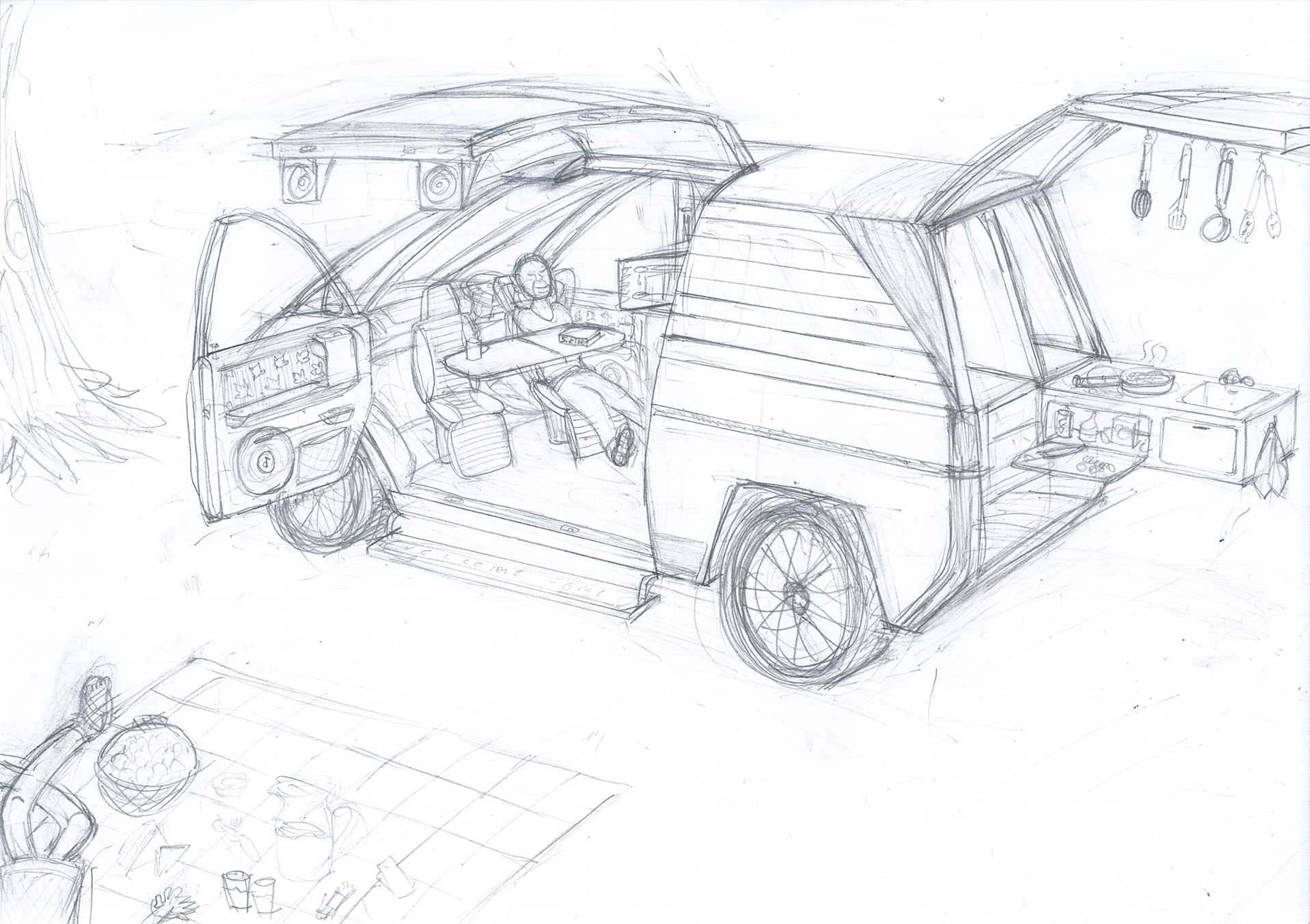 Two person camper van designed for a client, incorporating a bathroom. Lotus inspired design.